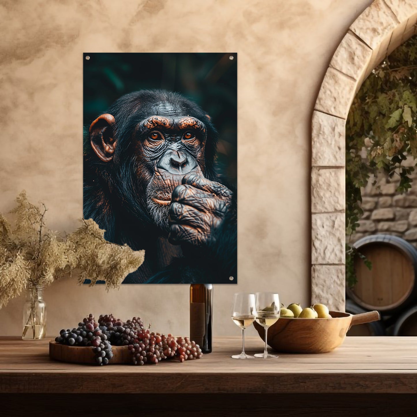 Gedetailleerd portret van een denkende chimpansee tuinposter