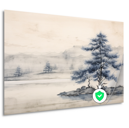 Minimalistische boom in mistig landschap poster