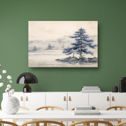 Minimalistische boom in mistig landschap poster