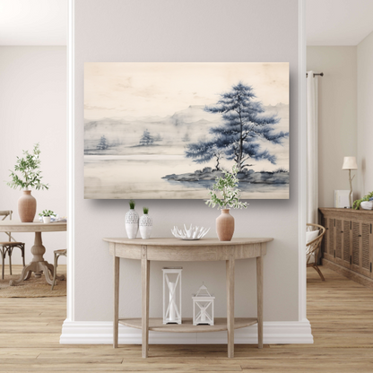 Minimalistische boom in mistig landschap poster