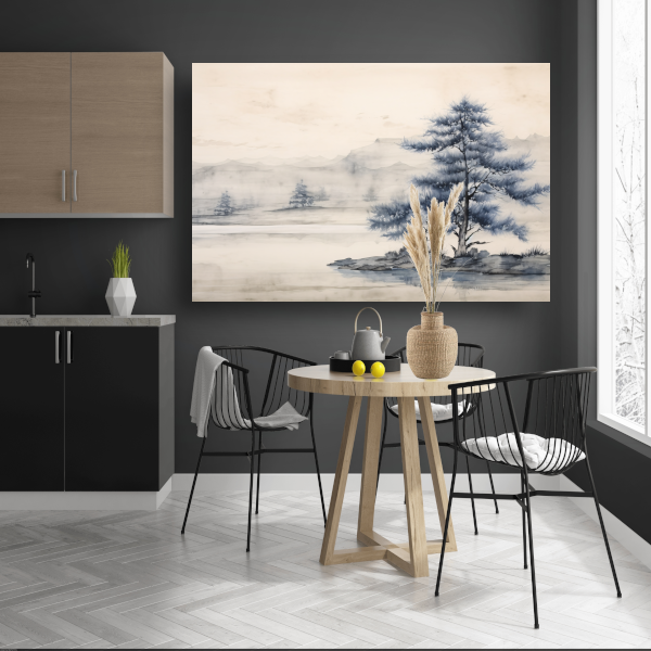 Minimalistische boom in mistig landschap canvas met baklijst