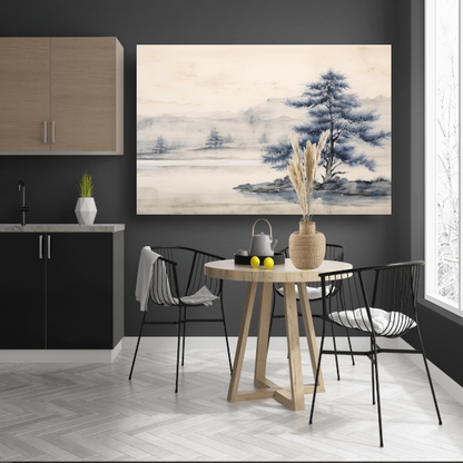 Minimalistische boom in mistig landschap canvas met baklijst