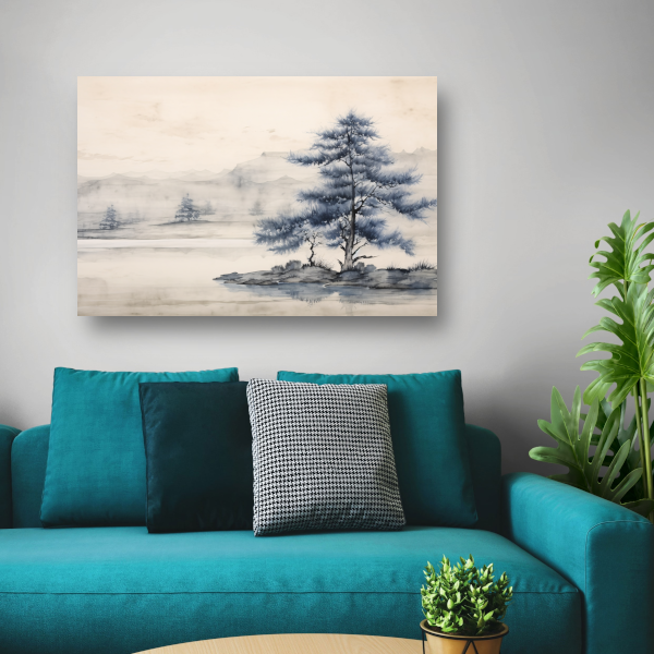 Minimalistische boom in mistig landschap canvas met baklijst