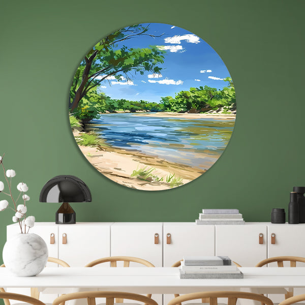 Digitale kunst van een serene rivier aluminium muurcirkel