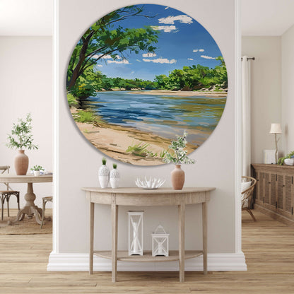 Digitale kunst van een serene rivier aluminium muurcirkel