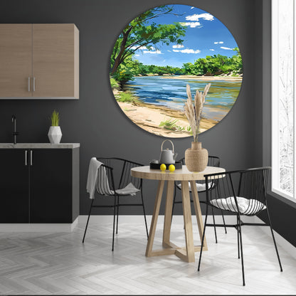 Digitale kunst van een serene rivier aluminium muurcirkel