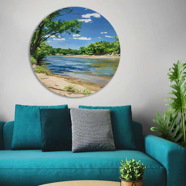 Digitale kunst van een serene rivier aluminium muurcirkel