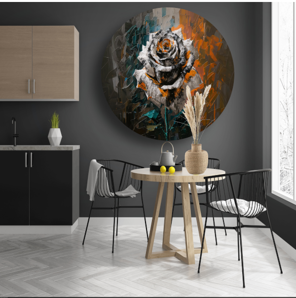 Abstracte Explosie van Oranje en Wit aluminium muurcirkel