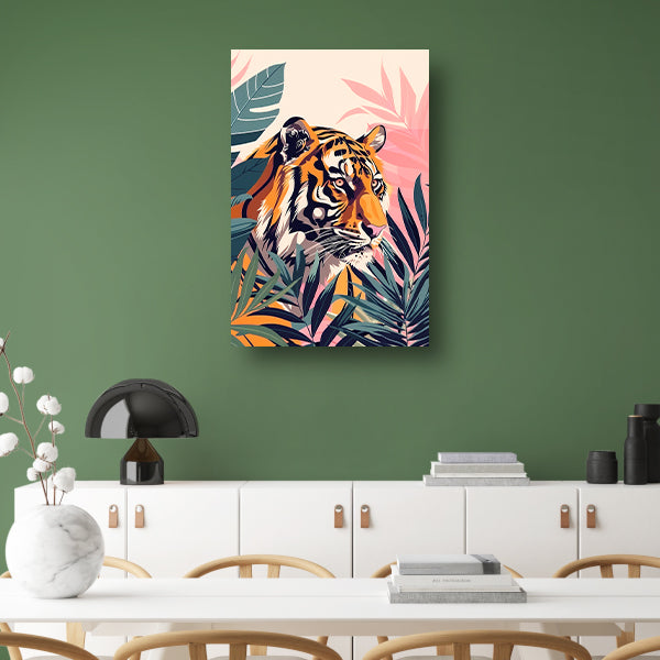 Kleurrijke tijger tussen tropische bladeren canvas