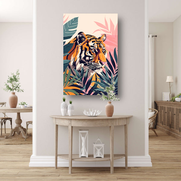 Kleurrijke tijger tussen tropische bladeren canvas