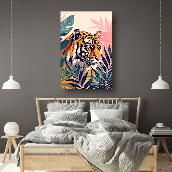 Kleurrijke tijger tussen tropische bladeren canvas
