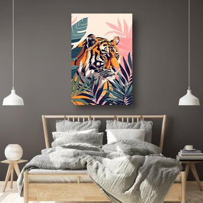 Kleurrijke tijger tussen tropische bladeren canvas