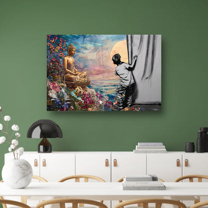 Jongen Ontdekt Spirituele Wereld achter Gordijn poster