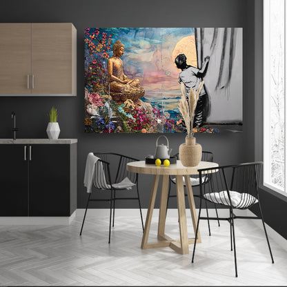 Jongen Ontdekt Spirituele Wereld achter Gordijn acrylglas