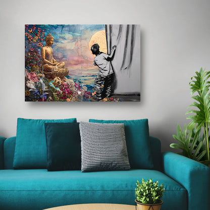 Jongen Ontdekt Spirituele Wereld achter Gordijn poster