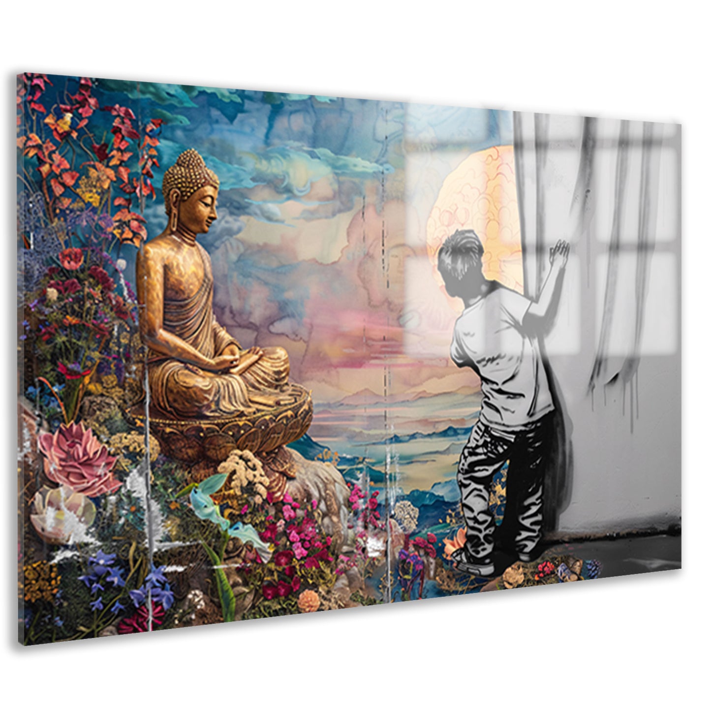 Jongen Ontdekt Spirituele Wereld achter Gordijn acrylglas