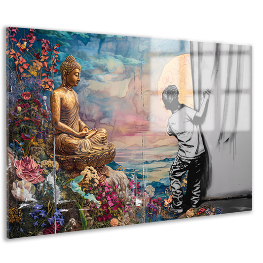 Jongen Ontdekt Spirituele Wereld achter Gordijn acrylglas