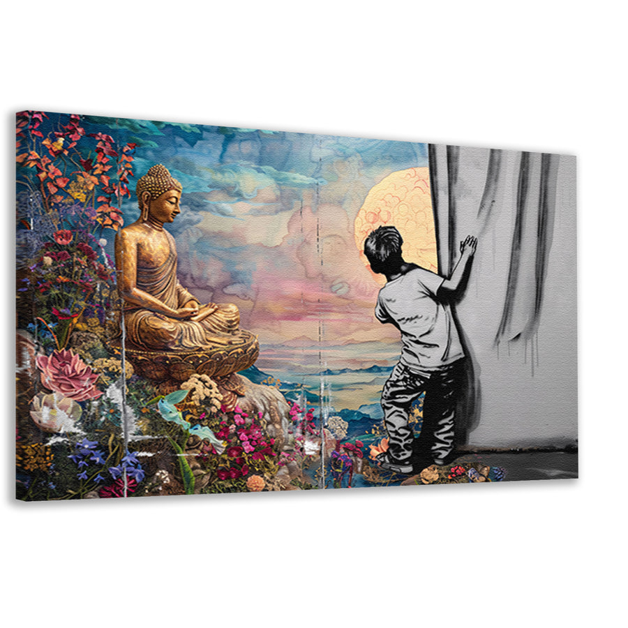 Jongen Ontdekt Spirituele Wereld achter Gordijn canvas