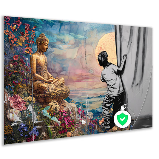 Jongen Ontdekt Spirituele Wereld achter Gordijn poster