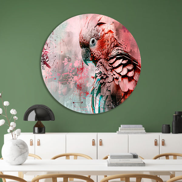 Kleurrijke digitale kunst van een papegaai aluminium muurcirkel