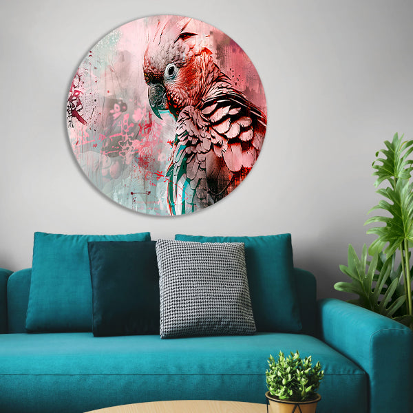 Kleurrijke digitale kunst van een papegaai aluminium muurcirkel