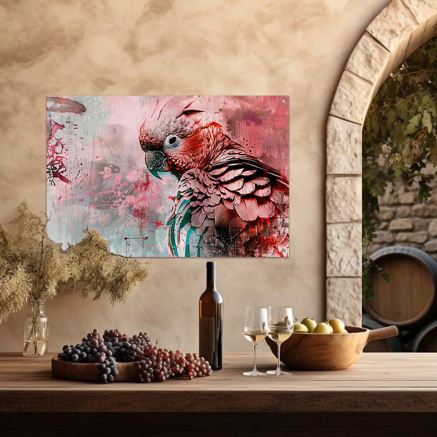 Kleurrijke digitale kunst van een papegaai tuinposter