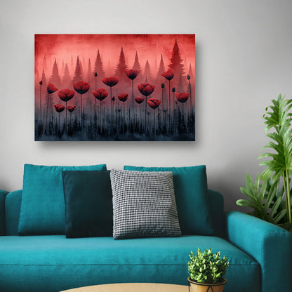 Surrealistische bloemen in minimalistisch bos canvas met baklijst