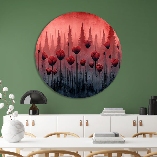 Surrealistische bloemen in minimalistisch bos aluminium muurcirkel