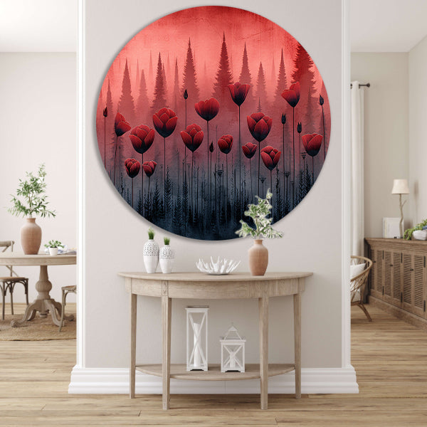 Surrealistische bloemen in minimalistisch bos aluminium muurcirkel