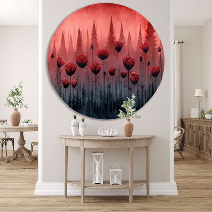Surrealistische bloemen in minimalistisch bos aluminium muurcirkel