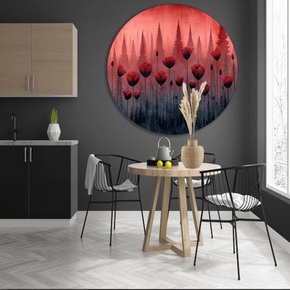 Surrealistische bloemen in minimalistisch bos aluminium muurcirkel