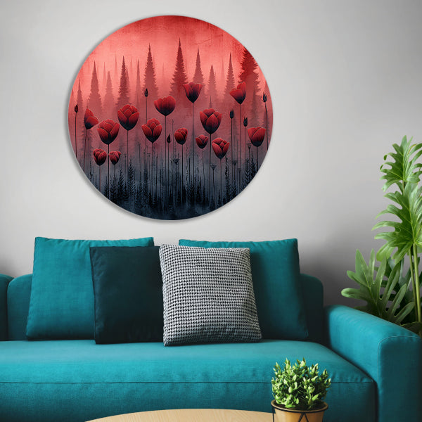 Surrealistische bloemen in minimalistisch bos aluminium muurcirkel