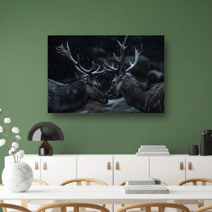 Twee herten met sneeuw bedekte geweien poster