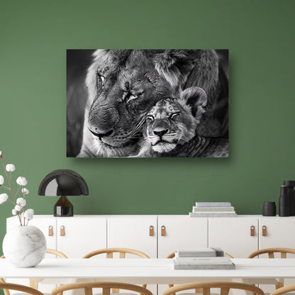 Knuffelende leeuwen in zwart-wit fotografie canvas