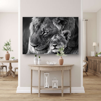 Knuffelende leeuwen in zwart-wit fotografie canvas