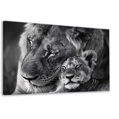 Knuffelende leeuwen in zwart-wit fotografie canvas
