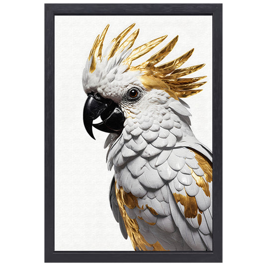 Majestueuze Papegaai in Goud en Wit canvas met baklijst