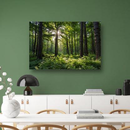Zonnestralen door zomers groen bos poster