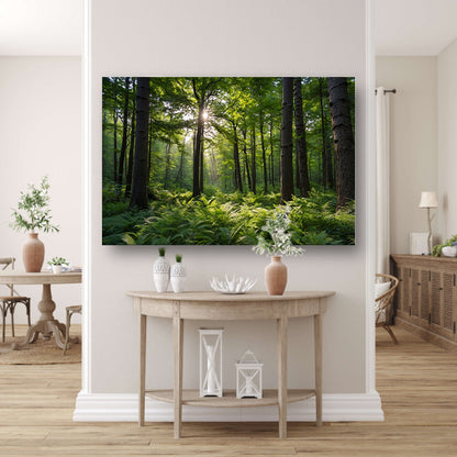 Zonnestralen door zomers groen bos poster