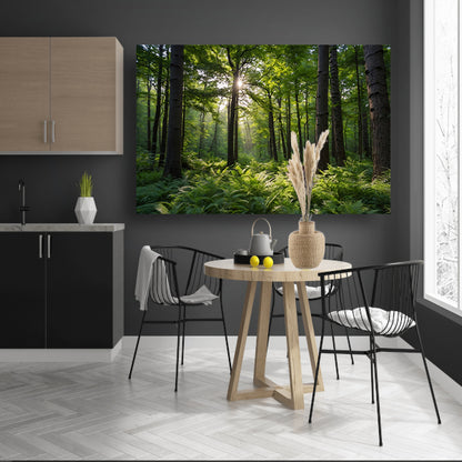 Zonnestralen door zomers groen bos poster