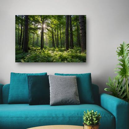 Zonnestralen door zomers groen bos poster