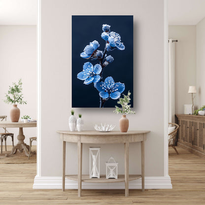 Blauwe bloemen met ijskristallen in close-up canvas