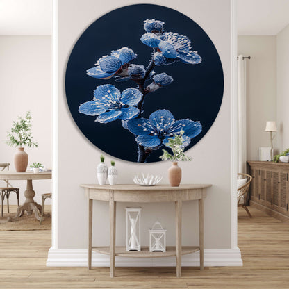 Blauwe bloemen met ijskristallen in close-up forex muurcirkel