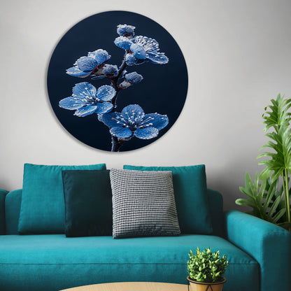 Blauwe bloemen met ijskristallen in close-up forex muurcirkel