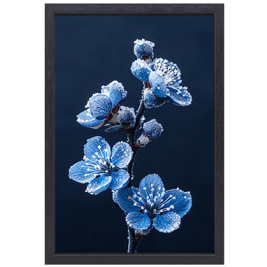 Blauwe bloemen met ijskristallen in close-up canvas met baklijst