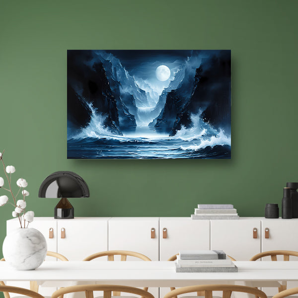 Magisch maanlandschap met waterval en bergen poster