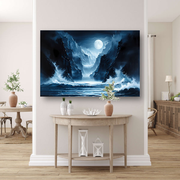 Magisch maanlandschap met waterval en bergen poster