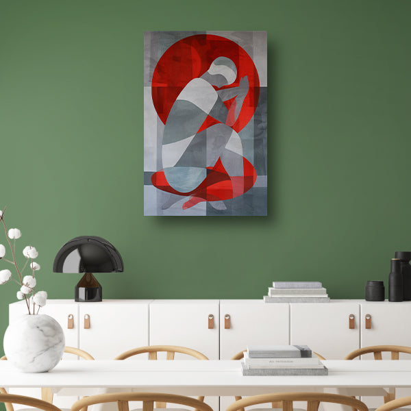 Abstracte kunst van geknielde persoon in cirkel canvas met baklijst