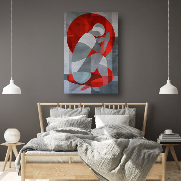 Abstracte kunst van geknielde persoon in cirkel canvas met baklijst