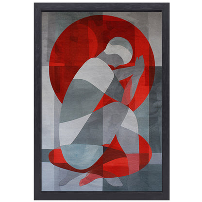 Abstracte kunst van geknielde persoon in cirkel canvas met baklijst